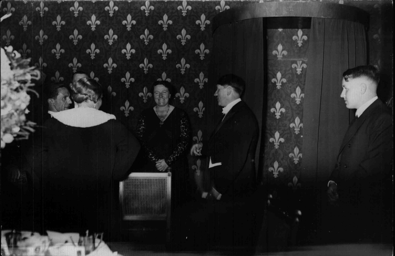 Winifred Wagner in conversation with Adolf Hitler and Joseph and Magda Goebbels, and Wieland Wagner at the bayreuther Festspielen